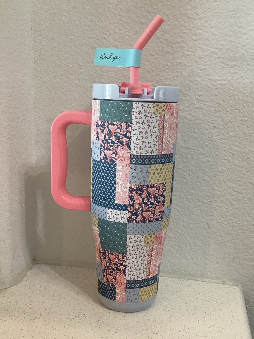 Simply Southern Patchwork Floral Travel Tumbler with Pink Handle and Straw